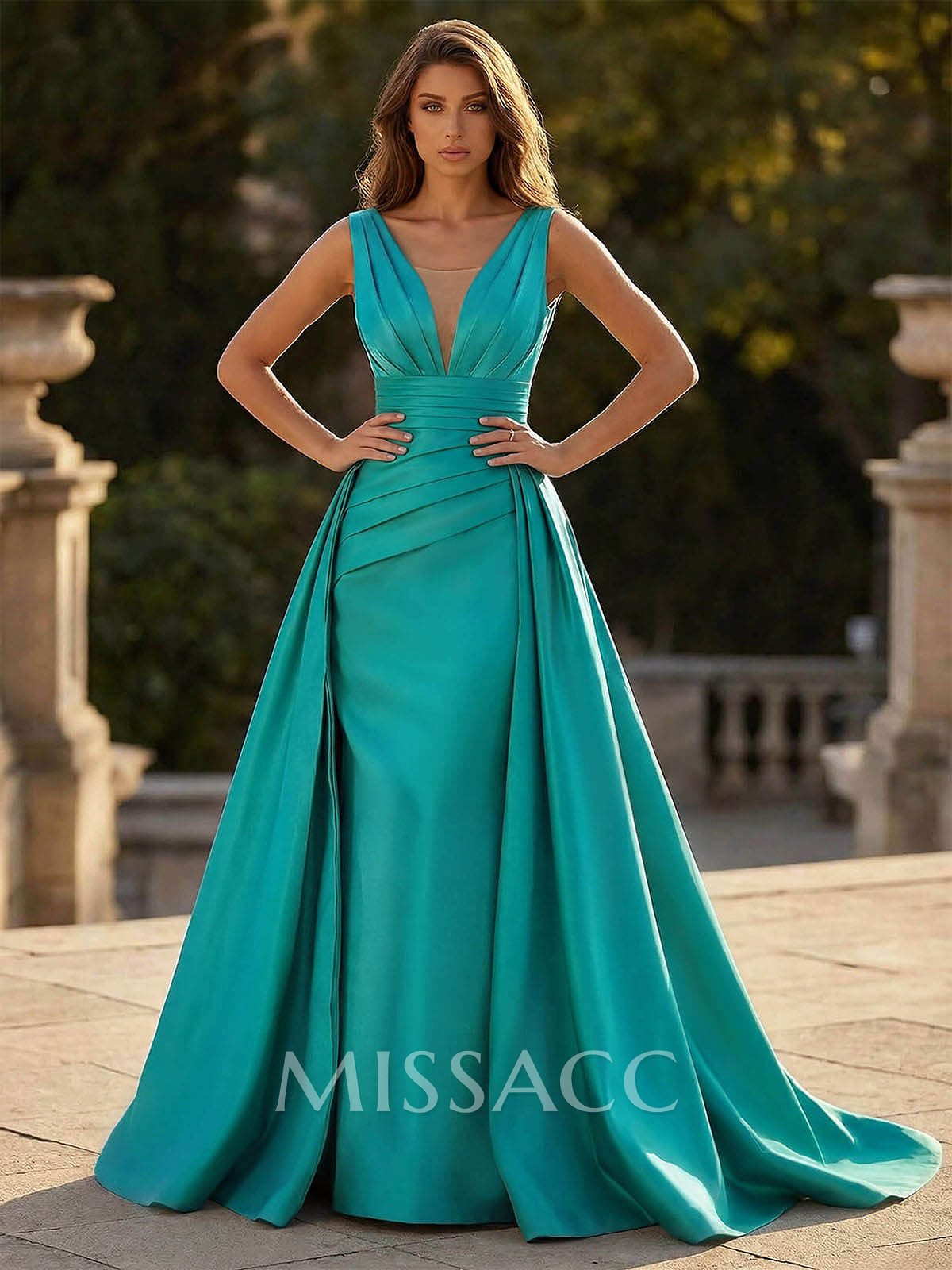 V-Neck Sleeveless Sweep Train Satin Prom Dresses V-Neck Sleeveless Sweep Train Satin Prom Dresses