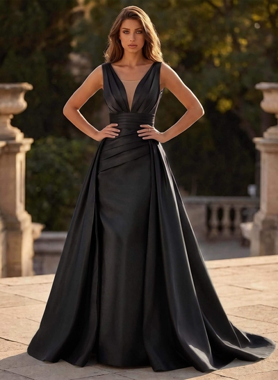 V-Neck Sleeveless Sweep Train Satin Prom Dresses
