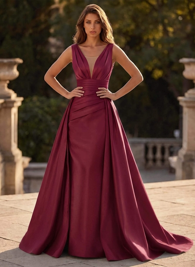 V-Neck Sleeveless Sweep Train Satin Prom Dresses