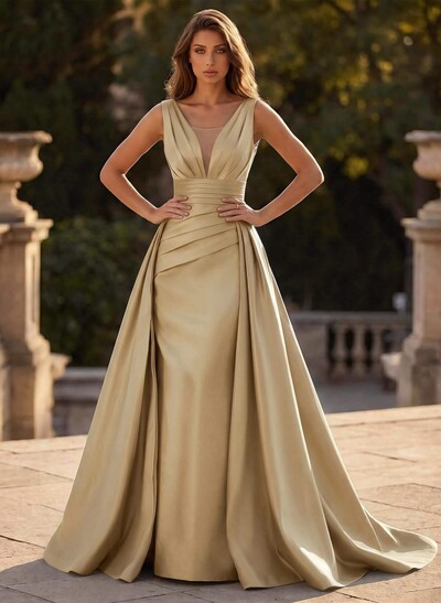 V-Neck Sleeveless Sweep Train Satin Prom Dresses