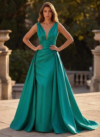 V-Neck Sleeveless Sweep Train Satin Prom Dresses