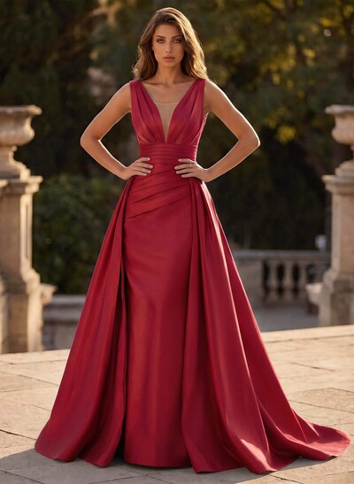 V-Neck Sleeveless Sweep Train Satin Prom Dresses