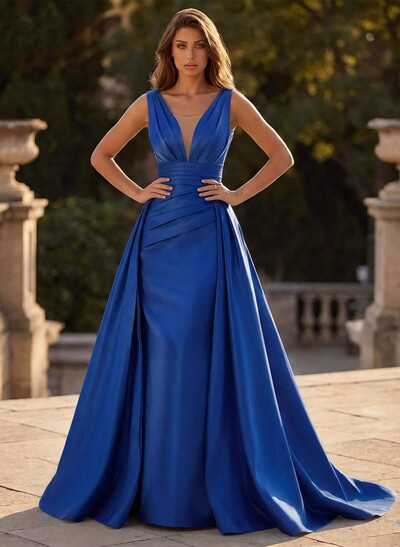 V-Neck Sleeveless Sweep Train Satin Prom Dresses