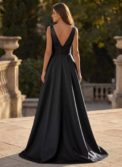 V-Neck Sleeveless Sweep Train Satin Prom Dresses