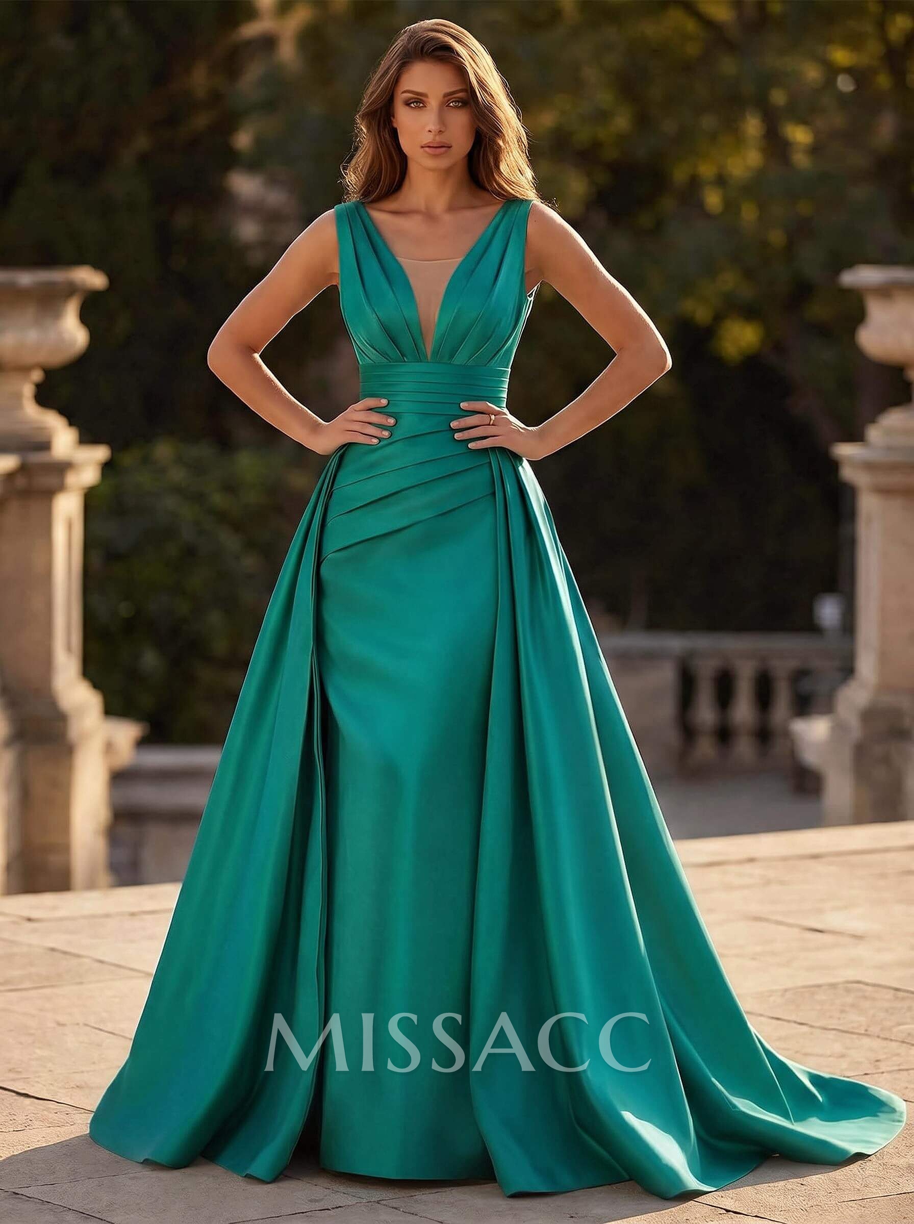 V-Neck Sleeveless Sweep Train Satin Prom Dresses