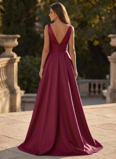 V-Neck Sleeveless Sweep Train Satin Prom Dresses