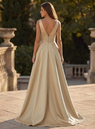 V-Neck Sleeveless Sweep Train Satin Prom Dresses
