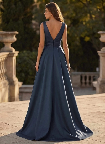 V-Neck Sleeveless Sweep Train Satin Prom Dresses