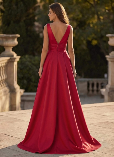 V-Neck Sleeveless Sweep Train Satin Prom Dresses