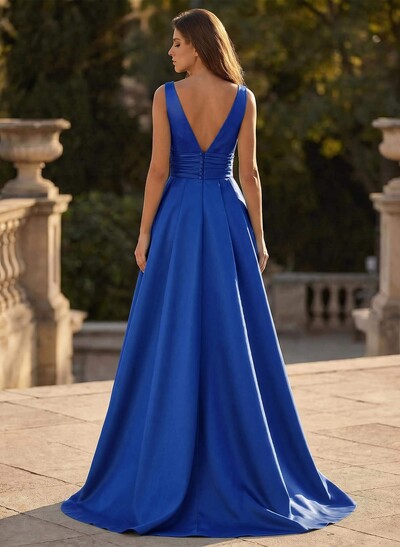 V-Neck Sleeveless Sweep Train Satin Prom Dresses