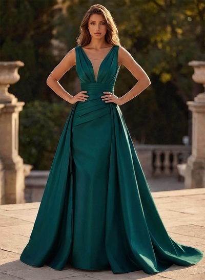 V-Neck Sleeveless Sweep Train Satin Prom Dresses