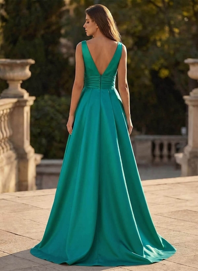 V-Neck Sleeveless Sweep Train Satin Prom Dresses