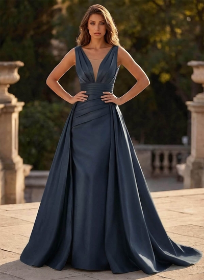 V-Neck Sleeveless Sweep Train Satin Prom Dresses