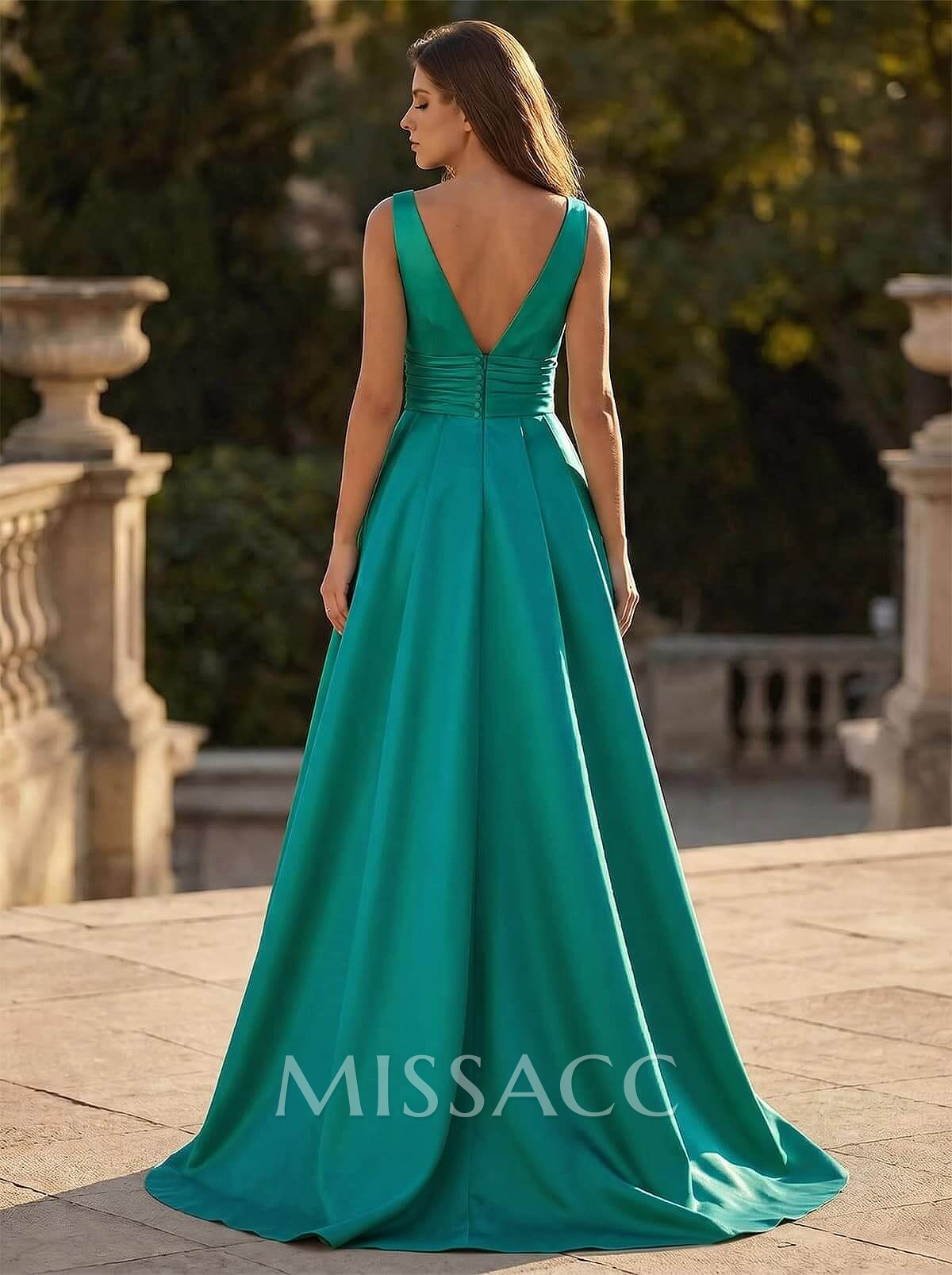 V-Neck Sleeveless Sweep Train Satin Prom Dresses