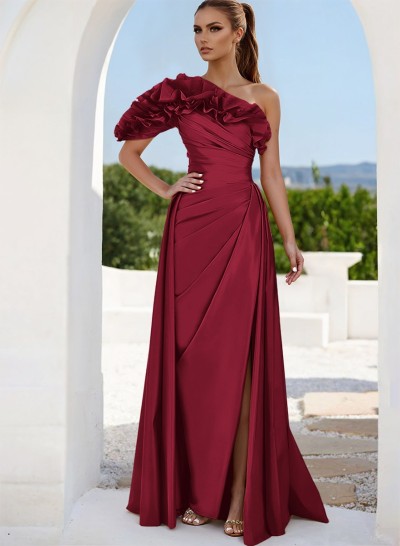 A-Line One-Shoulder Sleeveless Floor-Length Satin Prom Dresses With Split Front