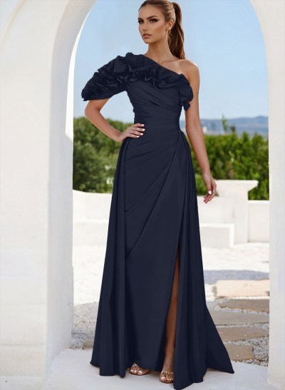 A-Line One-Shoulder Sleeveless Floor-Length Prom Dresses With Split Front