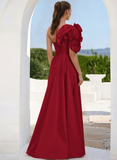 A-Line One-Shoulder Sleeveless Floor-Length Prom Dresses With Split Front