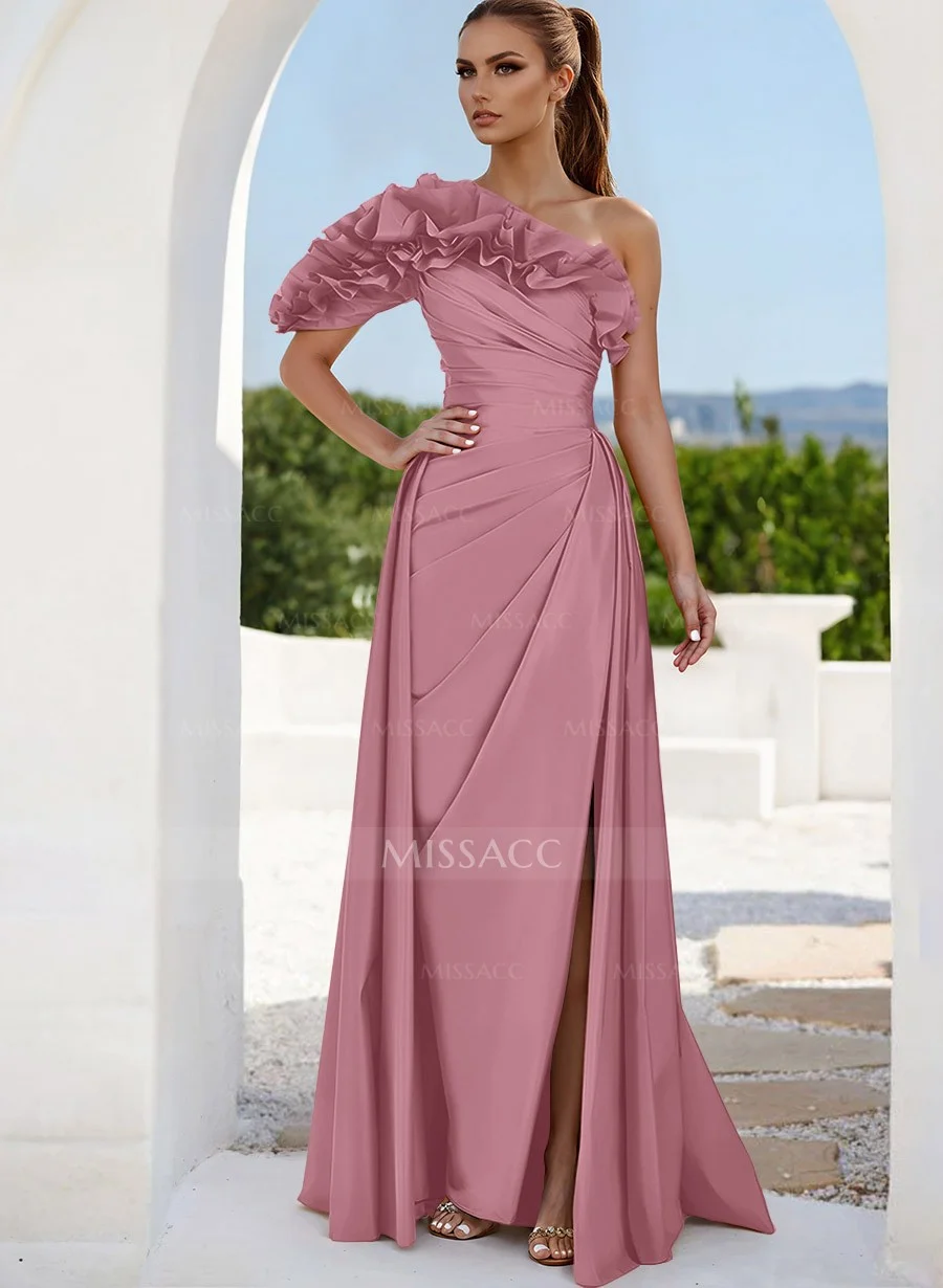Missacc Lilac Prom Dresses A-Line One-Shoulder Sleeveless Floor-Length Prom Dresses with Split Front