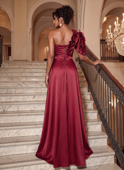 A-Line One-Shoulder Sleeveless Floor-Length Prom Dresses With Split Front