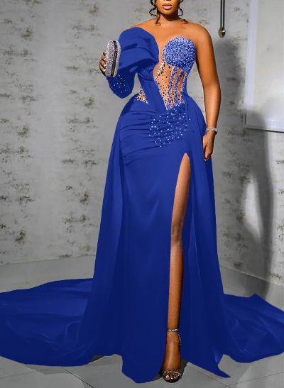 Sheath/Column One-Shoulder Silk Like Satin Prom Dresses With High Split