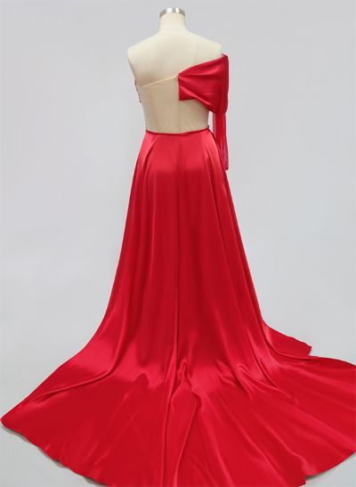 Sheath/Column One-Shoulder Silk Like Satin Prom Dresses With High Split