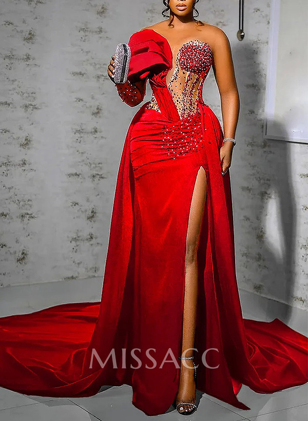 Sparkle Bejeweled Puffy One-Shoulder Mother Of The Bride Dresses With Front Slit