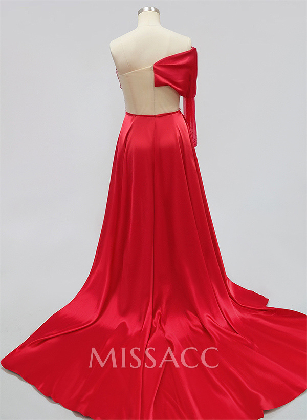 Sparkle Bejeweled Puffy One-Shoulder Mother Of The Bride Dresses With Front Slit