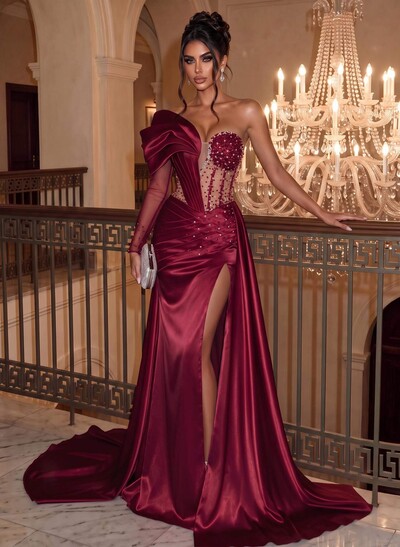 Sparkle Bejeweled Puffy One-Shoulder Mother Of The Bride Dresses With Front Slit