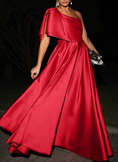 A-Line One-Shoulder Sleeveless Floor-Length Satin Prom Dresses With Bow(s)