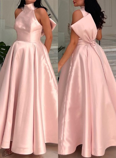 A-Line Halter Sleeveless Floor-Length Satin Prom Dresses With Bow(s)