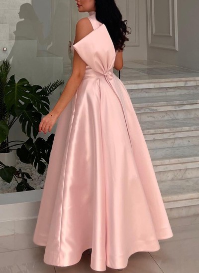 A-Line Halter Sleeveless Floor-Length Satin Prom Dresses With Bow(s)