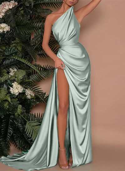 Sheath/Column Sleeveless Silk Like Satin Prom Dresses With High Split