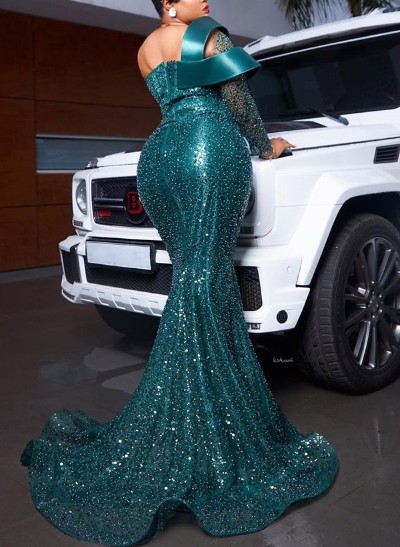 Trumpet/Mermaid Illusion Neck Long Sleeves Sequined Prom Dresses