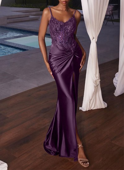Sheath/Column Sweetheart Silk Like Satin Prom Dresses With Appliques Lace