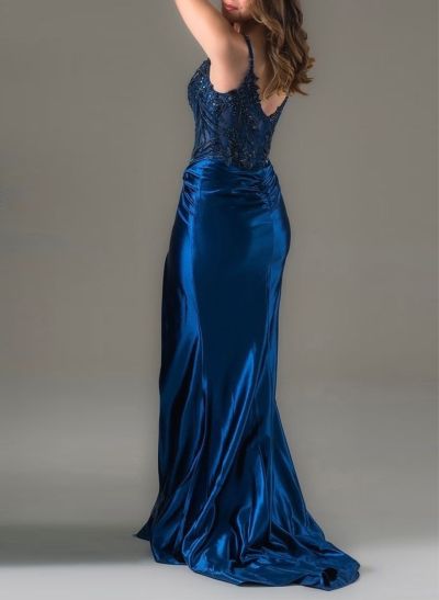 Sheath/Column Sweetheart Silk Like Satin Prom Dresses With Appliques Lace