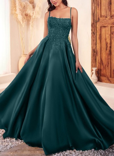 A-Line Strapless Sleeveless Satin Prom Dresses With Appliques Lace