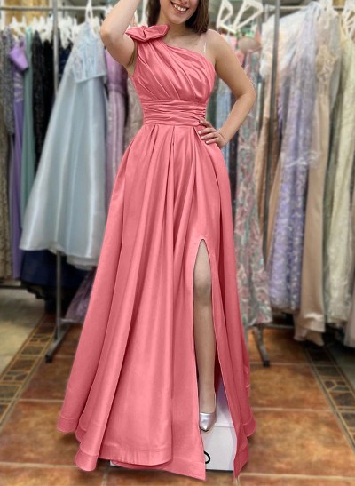 A-Line One-Shoulder Sleeveless Floor-Length Satin Prom Dresses With Bow(s)