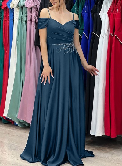 A-Line Off-The-Shoulder Sleeveless Silk Like Satin Prom Dresses With High Split