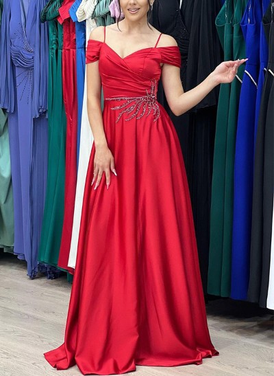 A-Line Off-The-Shoulder Sleeveless Silk Like Satin Prom Dresses With High Split