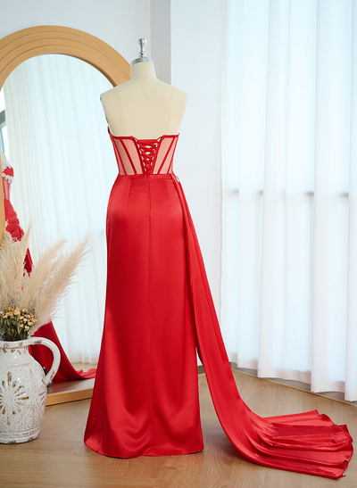 Sheath/Column Sweetheart Silk Like Satin Prom Dresses With High Split