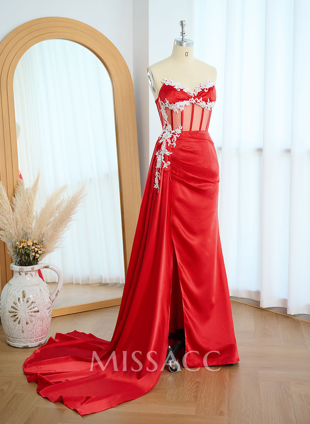 Sheath/Column Sweetheart Silk Like Satin Prom Dresses With High Split