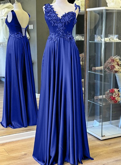 A-Line V-Neck Sleeveless Silk Like Satin Prom Dresses With Appliques Lace