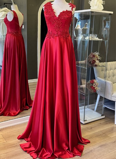 A-Line V-Neck Sleeveless Silk Like Satin Prom Dresses With Appliques Lace