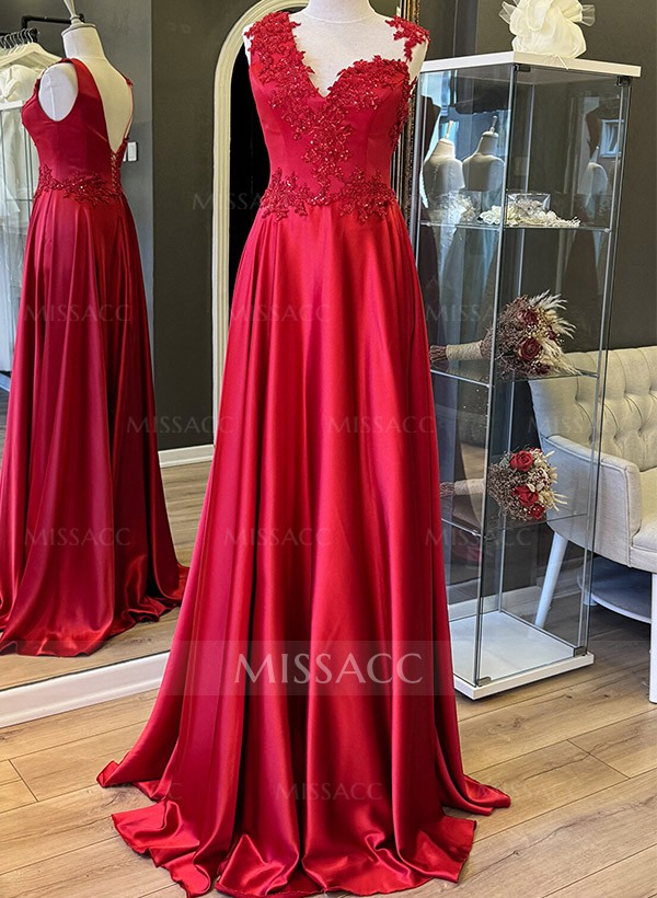 A-Line V-Neck Sleeveless Silk Like Satin Prom Dresses With Appliques Lace