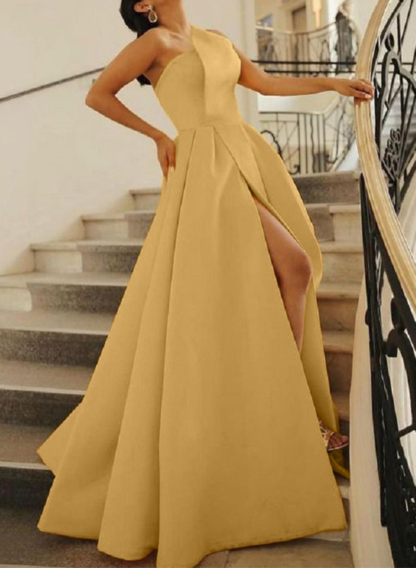 A-Line Strapless Sleeveless Floor-Length Satin Prom Dresses With High Split