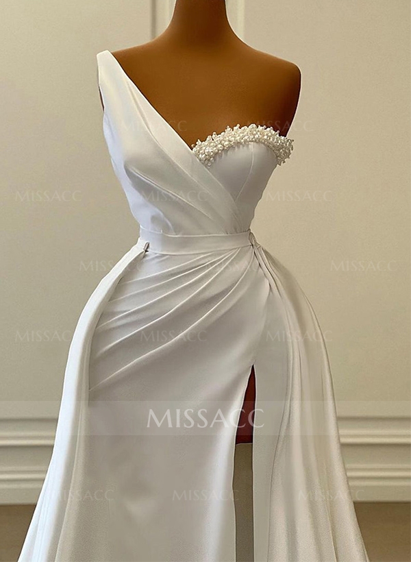 Sheath/Column One-Shoulder Sleeveless Satin Prom Dresses With Beading