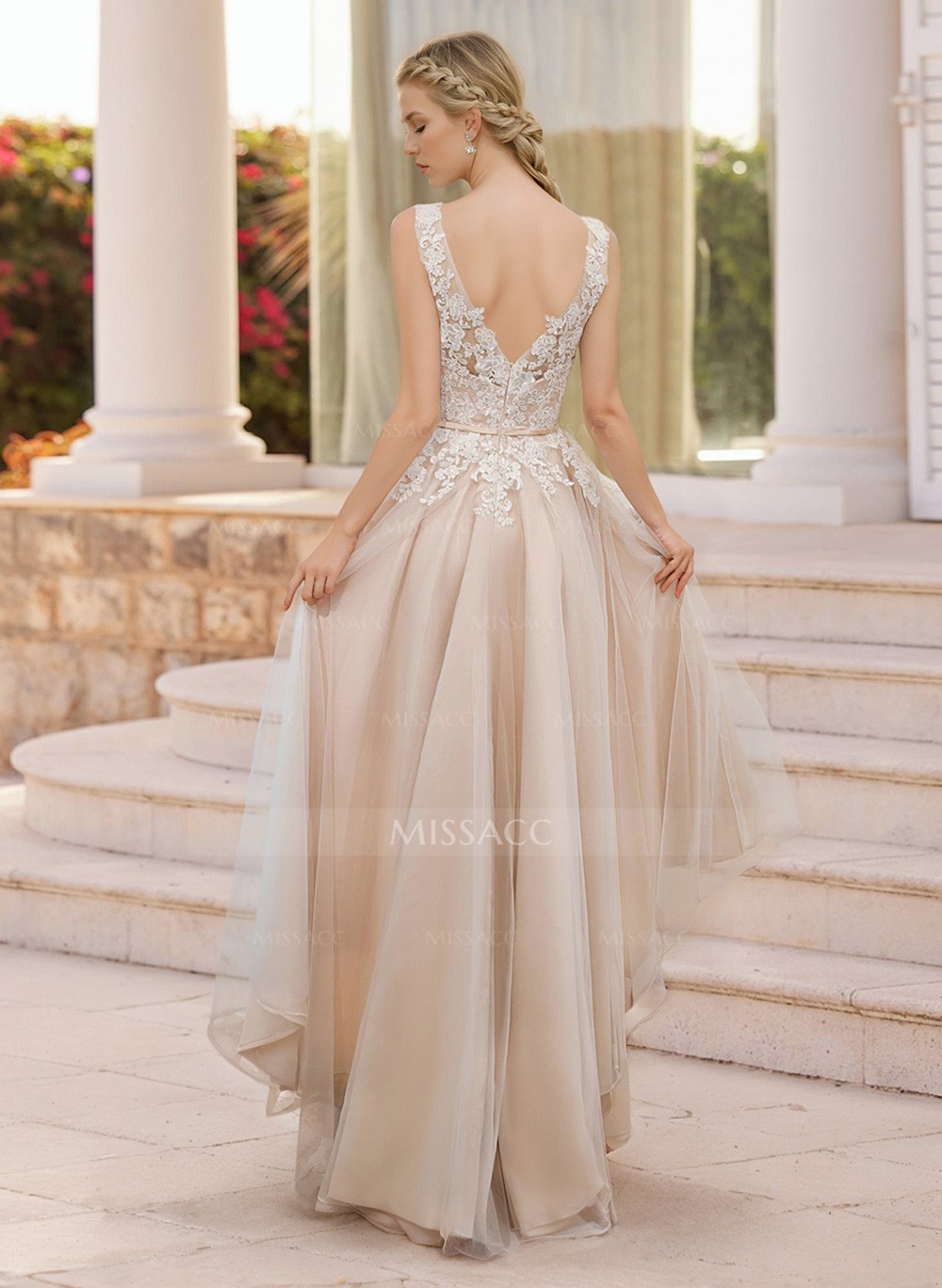 A-Line V-Neck Sleeveless Floor-Length Lace/Tulle Prom Dresses With Appliques Lace