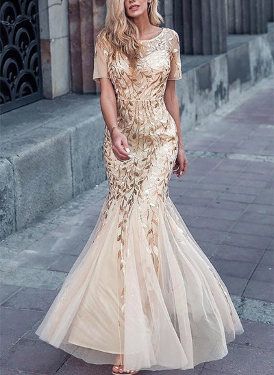 Trumpet/Mermaid Scoop Neck Tulle Prom Dresses With Appliques Lace