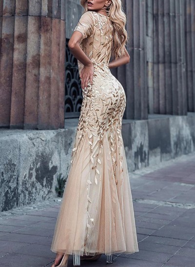 Trumpet/Mermaid Scoop Neck Tulle Prom Dresses With Appliques Lace