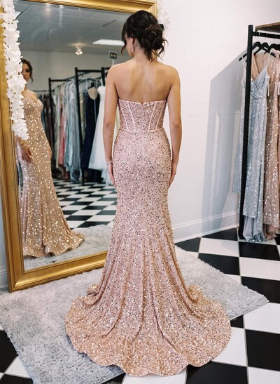 Trumpet/Mermaid Sleeveless Sweep Train Velvet Sequin Prom Dresses